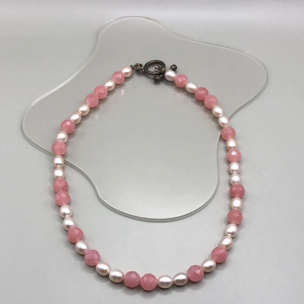 Gemstones and cultured pearls sterling silver 925 necklace vintage artisan BOHO